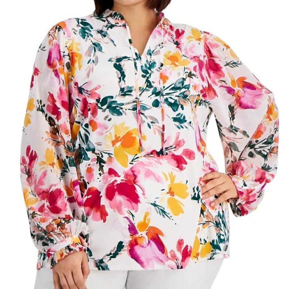 Calvin Klein Plus Size Printed Ruffled-Collar Tie-Neck Blouse, 2X